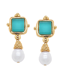 SUSAN SHAW TEAL AND PEARL DROP EARRINGS