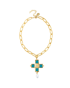 SUSAN SHAW TEAL AND PEARL CROSS NECKLACE